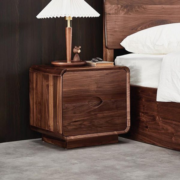 Traditional Vintage Black Walnut Rounded Square Nightstand With 2 Drawers For Bedroom - Image 8
