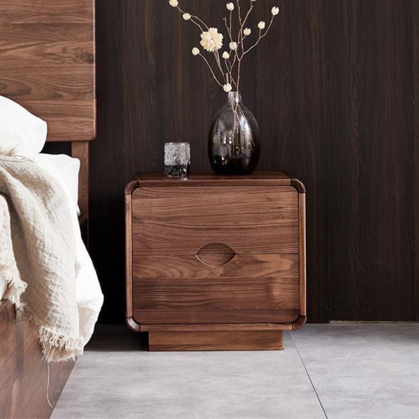 Traditional Vintage Black Walnut Rounded Square Nightstand With 2 Drawers For Bedroom - Image 2