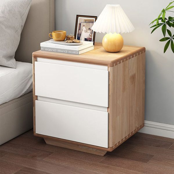 Modern Minimalist Solid Wood Square Nightstand 2-Drawer For Bedroom - Image 2