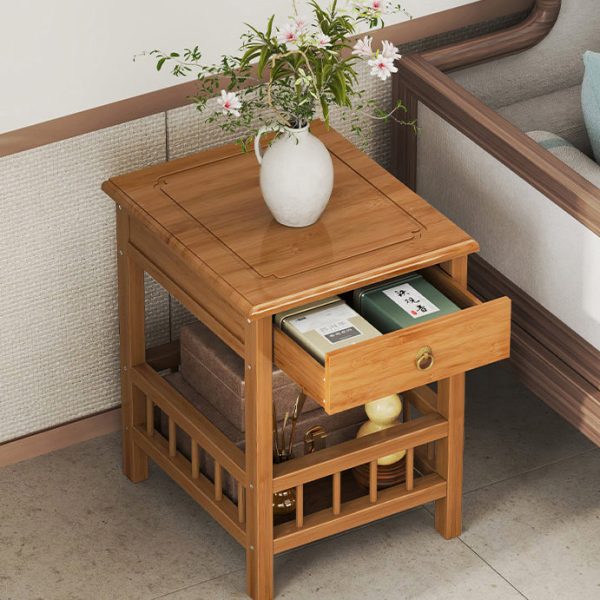 Traditional Vintage Bamboo Medium Density Fiberboard Square Rectangular Nightstand 2-Tier For Bedroom - Image 3