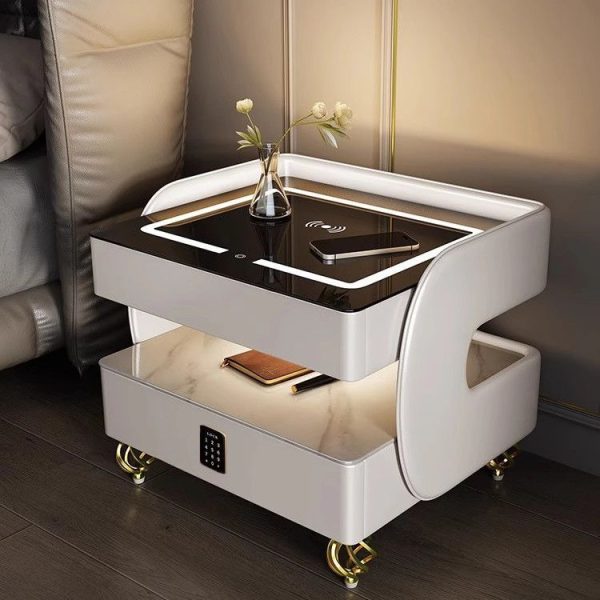 Contemporary Scandinavian Sintered Stone Glass Metal Wood Square Nightstand 2-Tier For Bedroom - Image 3