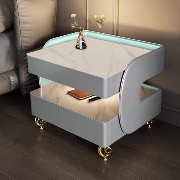 Contemporary Scandinavian Sintered Stone Glass Metal Wood Square Nightstand 2-Tier For Bedroom - Image 10