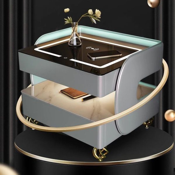 Contemporary Scandinavian Sintered Stone Glass Metal Wood Square Nightstand 2-Tier For Bedroom - Image 15