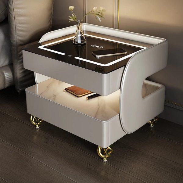 Contemporary Scandinavian Sintered Stone Glass Metal Wood Square Nightstand 2-Tier For Bedroom - Image 14