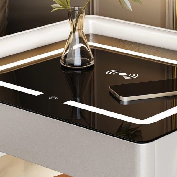 Contemporary Scandinavian Sintered Stone Glass Metal Wood Square Nightstand 2-Tier For Bedroom - Image 5