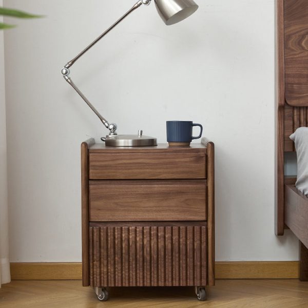 Traditional Vintage Walnut Rectangular Piano-Key Movable Nightstand 3-Drawers For Bedroom