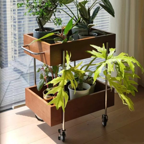 Traditional Chinese Solid Wood Metal Rectangular Movable End Table 2-Tier For Bedroom & Living Room - Image 2