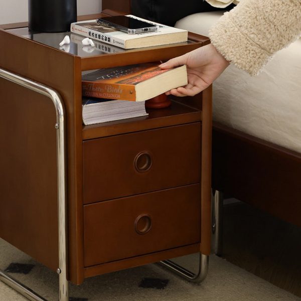 Traditional Chinese Wood Glass Metal Rounded Rectangular Nightstand 2-Drawer For Bedroom - Image 11