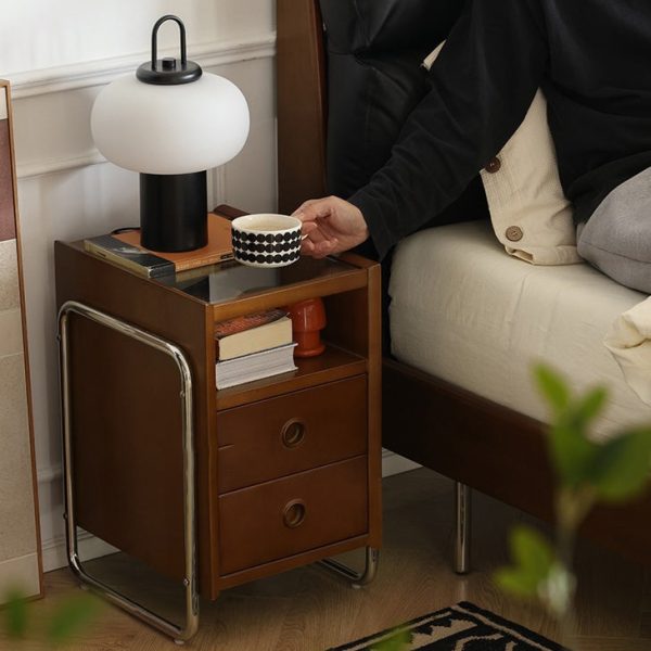 Traditional Chinese Wood Glass Metal Rounded Rectangular Nightstand 2-Drawer For Bedroom - Image 12