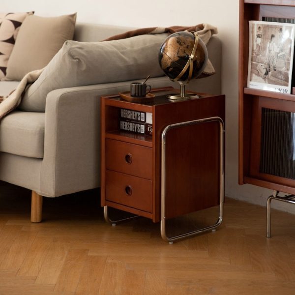 Traditional Chinese Wood Glass Metal Rounded Rectangular Nightstand 2-Drawer For Bedroom