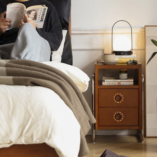 Traditional Chinese Wood Glass Metal Rounded Rectangular Nightstand 2-Drawer For Bedroom - Image 14