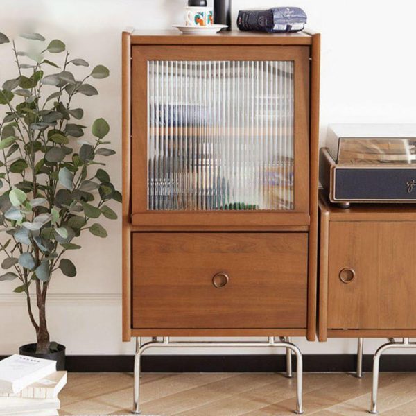 Traditional Vintage Pine Glass Stainless Steel Trapezoid Rectangular Side Table 3-Tiers For Bedroom & Living Room