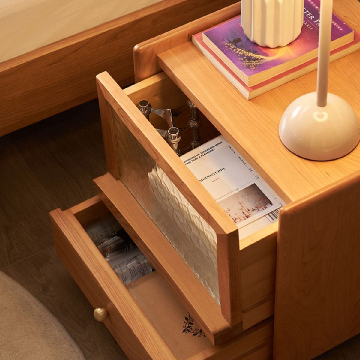 Contemporary Scandinavian Solid Wood Glass Rounded Square Nightstand 2-Drawer For Bedroom - Image 9