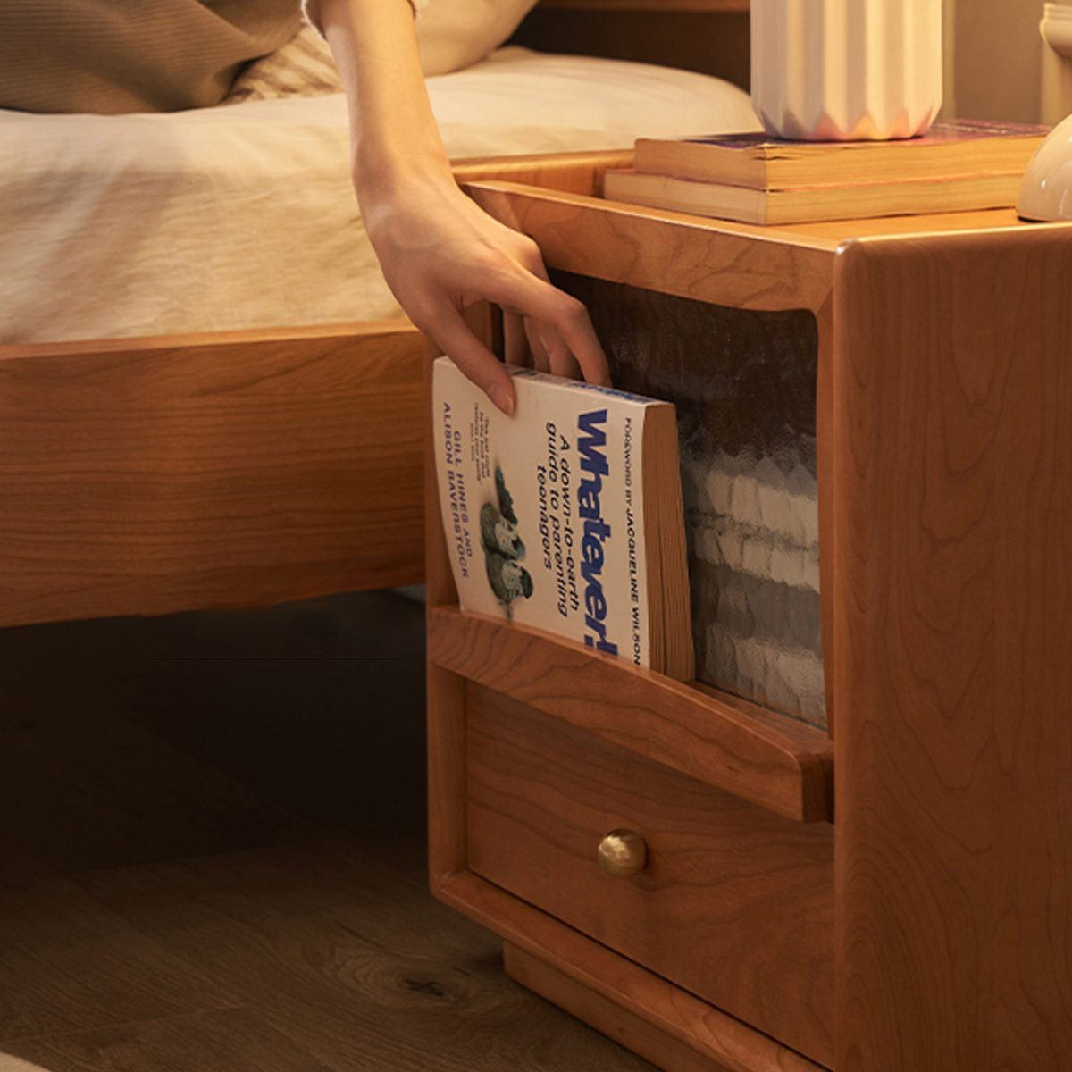 Contemporary Scandinavian Solid Wood Glass Rounded Square Nightstand 2-Drawer For Bedroom - Image 20