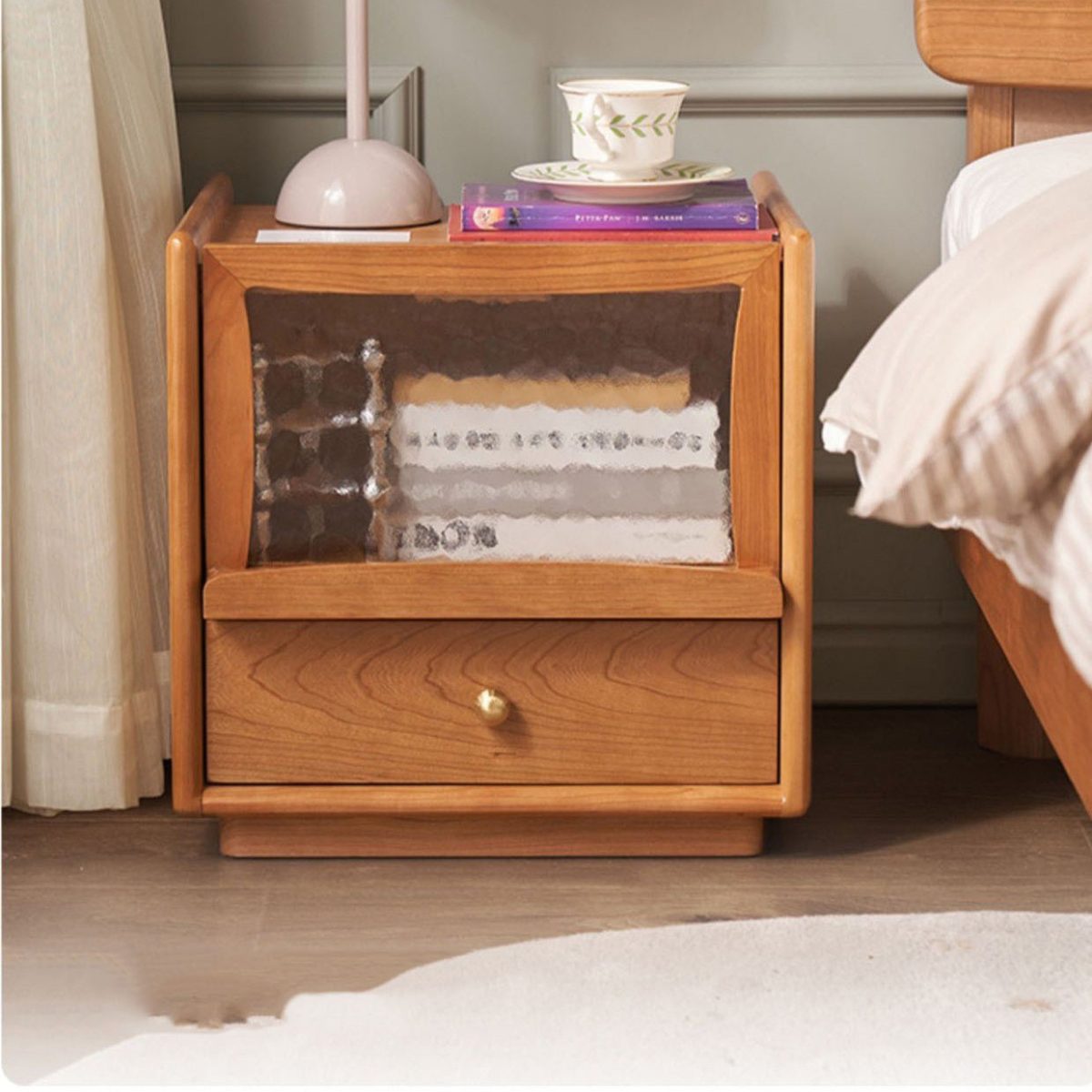 Contemporary Scandinavian Solid Wood Glass Rounded Square Nightstand 2-Drawer For Bedroom - Image 1