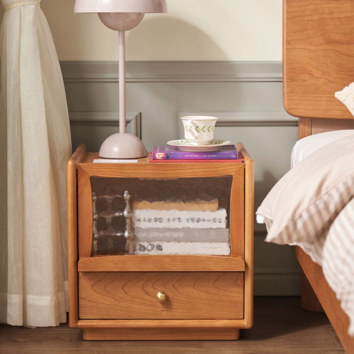 Contemporary Scandinavian Solid Wood Glass Rounded Square Nightstand 2-Drawer For Bedroom - Image 18