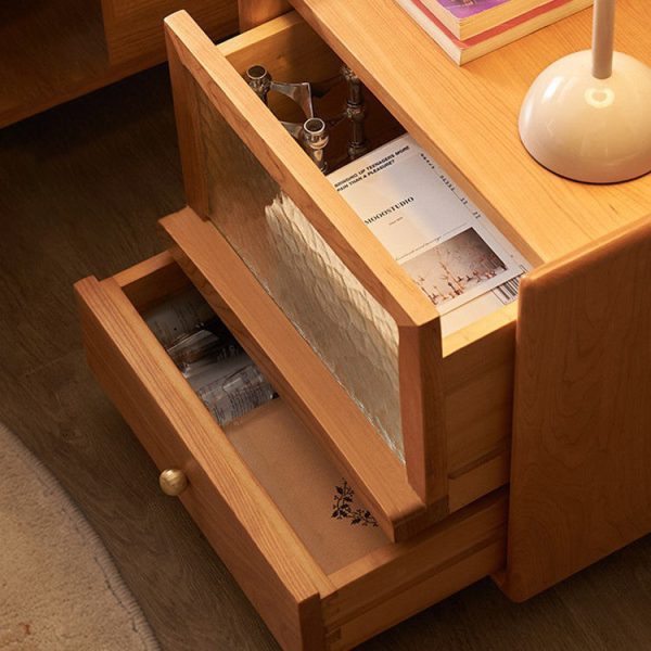 Contemporary Scandinavian Solid Wood Glass Rounded Square Nightstand 2-Drawer For Bedroom - Image 11