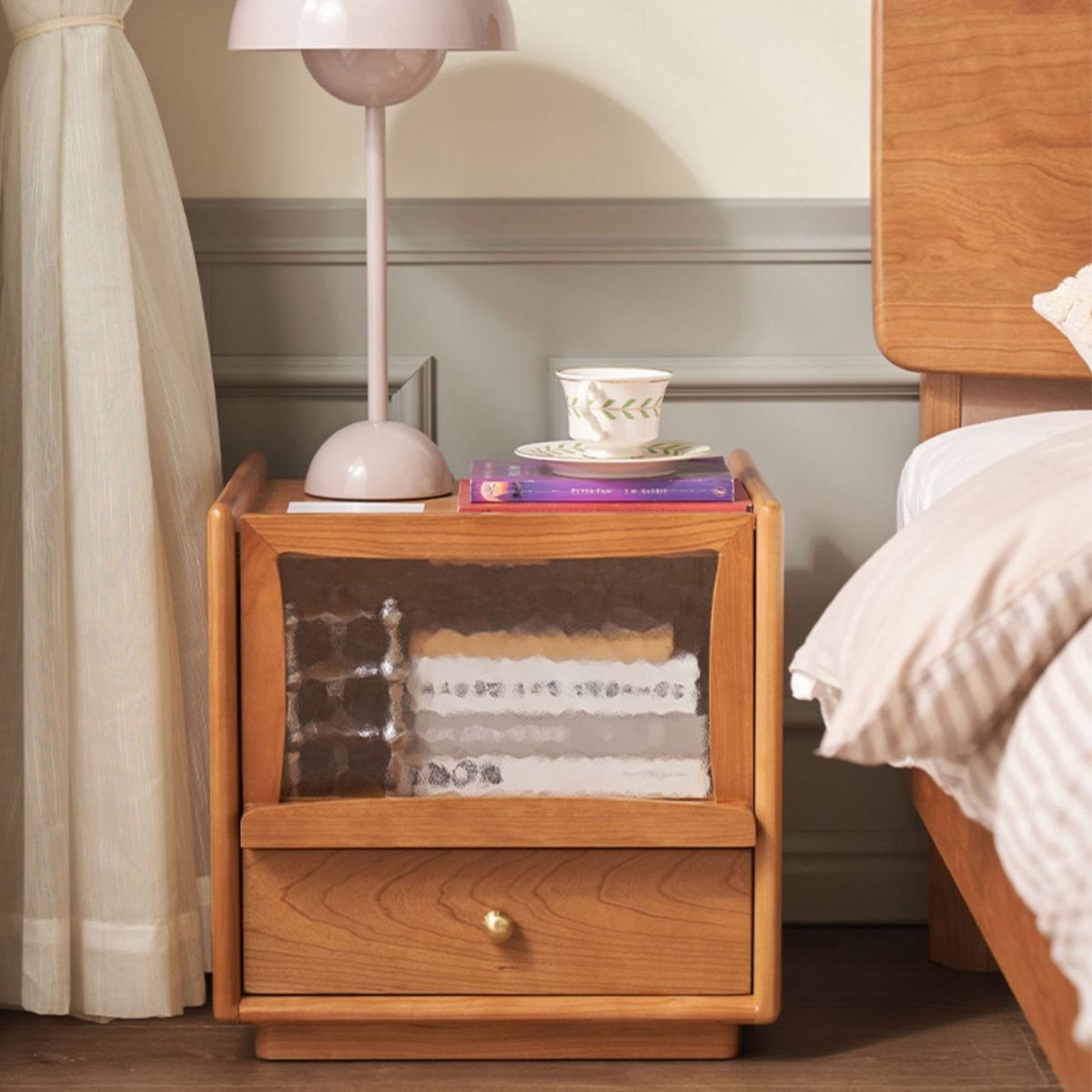 Contemporary Scandinavian Solid Wood Glass Rounded Square Nightstand 2-Drawer For Bedroom - Image 21