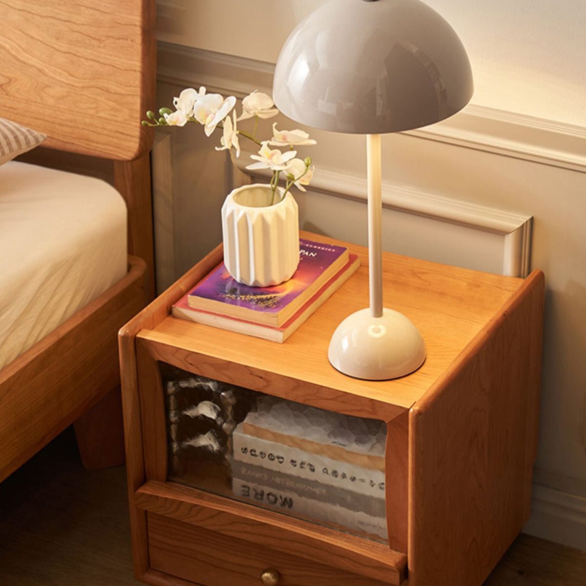 Contemporary Scandinavian Solid Wood Glass Rounded Square Nightstand 2-Drawer For Bedroom - Image 15