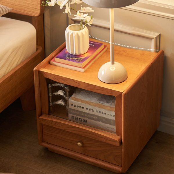 Contemporary Scandinavian Solid Wood Glass Rounded Square Nightstand 2-Drawer For Bedroom - Image 2