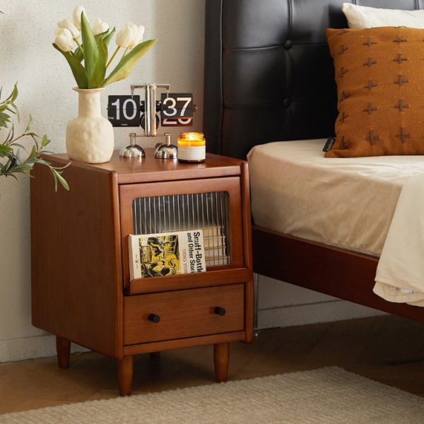 Traditional Vintage Pine Glass Rounded Trapezoid Nightstand 2-Drawer For Bedroom - Image 14