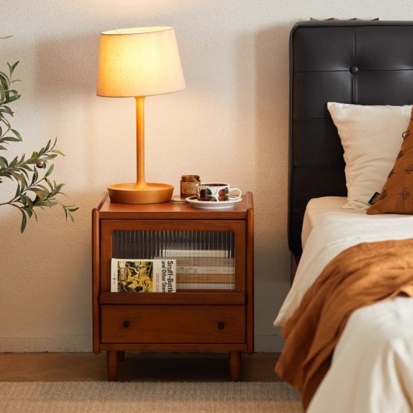 Traditional Vintage Pine Glass Rounded Trapezoid Nightstand 2-Drawer For Bedroom - Image 12