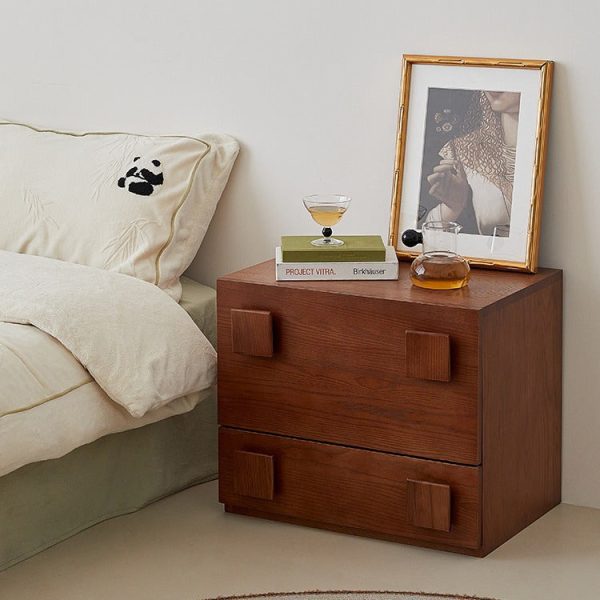 Traditional Vintage Solid Wood Square Rectangular Side Table With 2 Drawers For Bedroom & Living Room