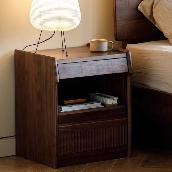 Contemporary Scandinavian Black Walnut Rectangular Textured Nightstand With 2 Tiers For Bedroom - Image 13
