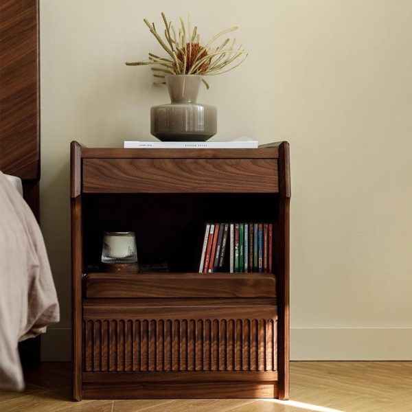 Contemporary Scandinavian Black Walnut Rectangular Textured Nightstand With 2 Tiers For Bedroom - Image 15
