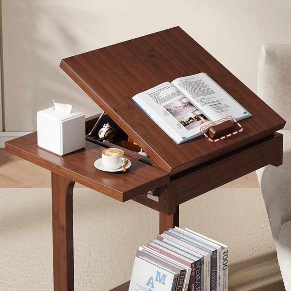 Traditional Vintage Bamboo C-Shaped Square Side Table With 2 Tiers For Bedroom & Living Room - Image 5