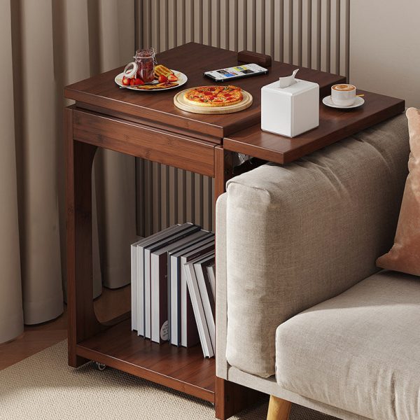 Traditional Vintage Bamboo C-Shaped Square Side Table With 2 Tiers For Bedroom & Living Room - Image 14