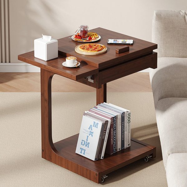 Traditional Vintage Bamboo C-Shaped Square Side Table With 2 Tiers For Bedroom & Living Room - Image 11