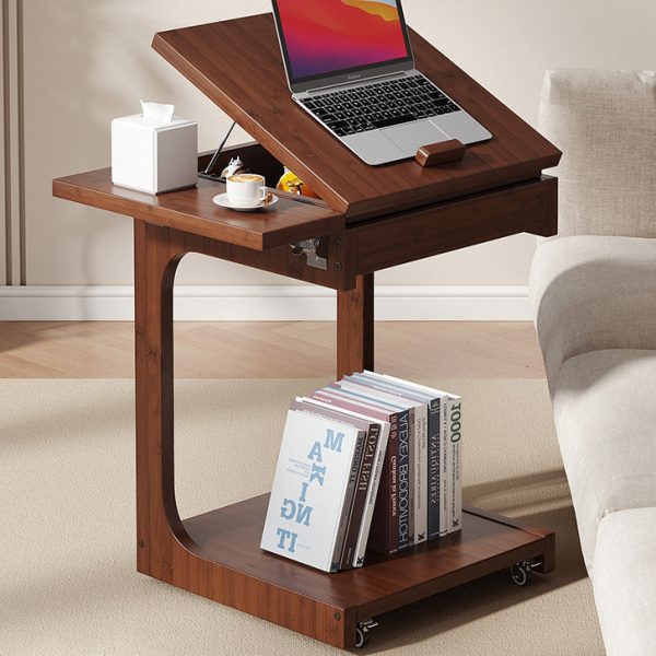 Traditional Vintage Bamboo C-Shaped Square Side Table With 2 Tiers For Bedroom & Living Room - Image 2