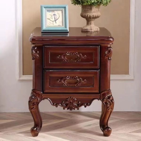 Traditional Chinese Solid Wood Textured Rectangular Nightstand With 2 Drawers For Bedroom - Image 8