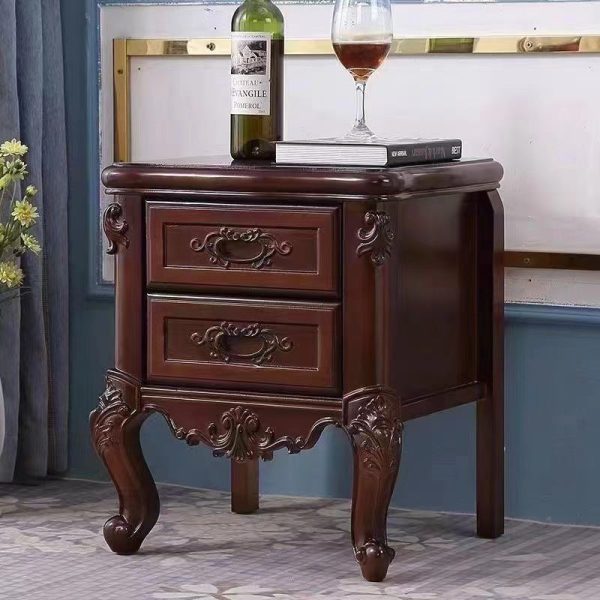 Traditional Chinese Solid Wood Textured Rectangular Nightstand With 2 Drawers For Bedroom - Image 11