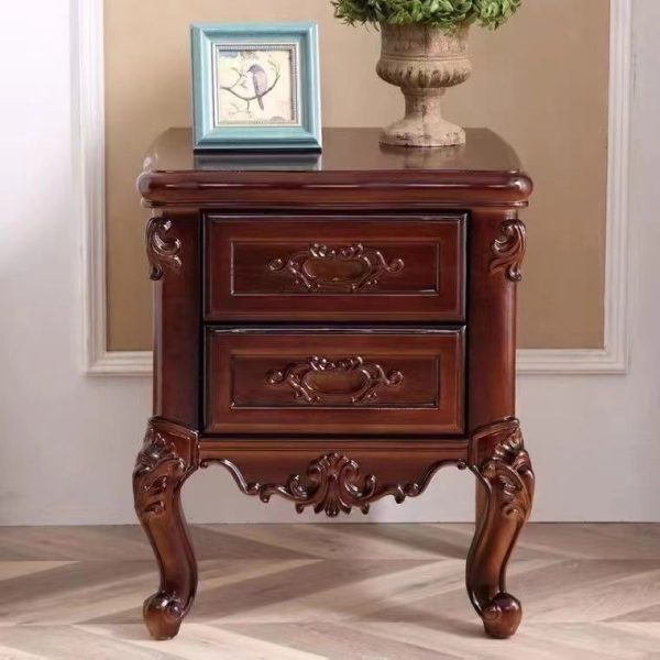 Traditional Chinese Solid Wood Textured Rectangular Nightstand With 2 Drawers For Bedroom - Image 2