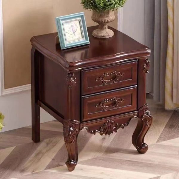 Traditional Chinese Solid Wood Textured Rectangular Nightstand With 2 Drawers For Bedroom - Image 7