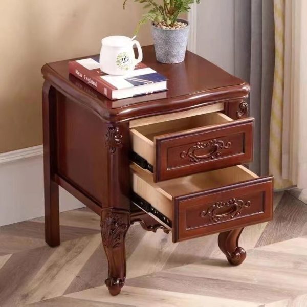 Traditional Chinese Solid Wood Textured Rectangular Nightstand With 2 Drawers For Bedroom - Image 6