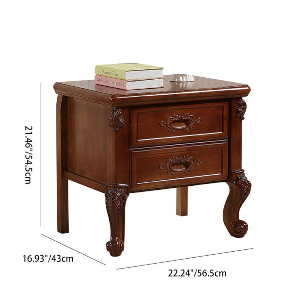Traditional Vintage Rubber Wood & Metal Carved Curved Square Nightstand With 2 Drawers For Bedroom - Image 4