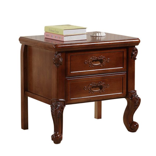 Traditional Vintage Rubber Wood & Metal Carved Curved Square Nightstand With 2 Drawers For Bedroom - Image 13
