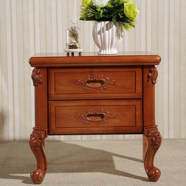 Traditional Vintage Rubber Wood & Metal Carved Curved Square Nightstand With 2 Drawers For Bedroom - Image 12