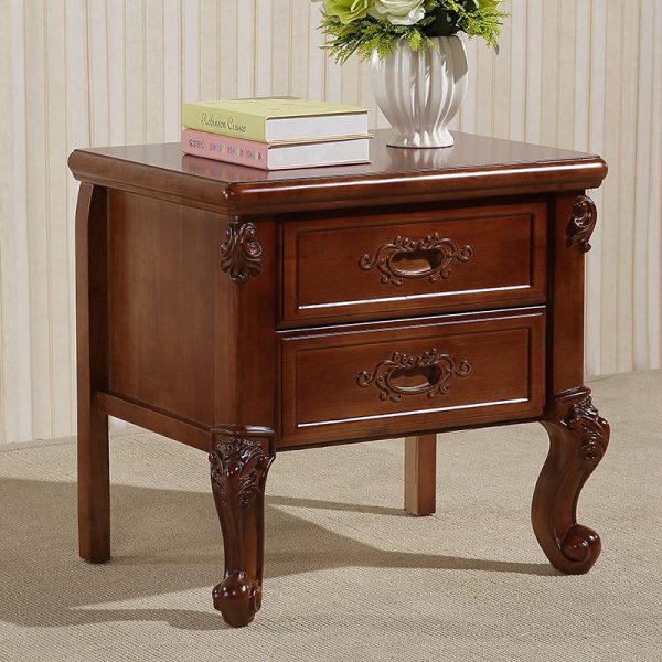 Traditional Vintage Rubber Wood & Metal Carved Curved Square Nightstand With 2 Drawers For Bedroom