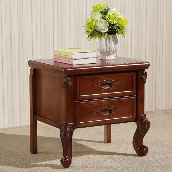 Traditional Vintage Rubber Wood & Metal Carved Curved Square Nightstand With 2 Drawers For Bedroom - Image 10