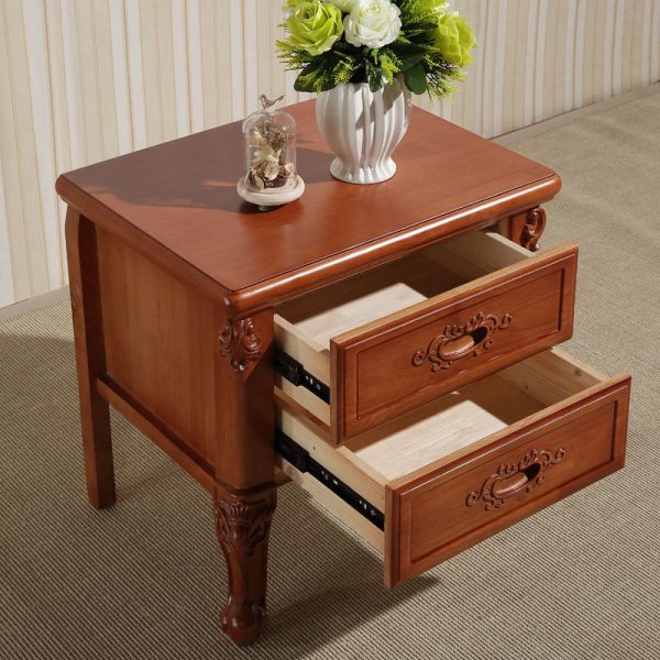 Traditional Vintage Rubber Wood & Metal Carved Curved Square Nightstand With 2 Drawers For Bedroom - Image 9