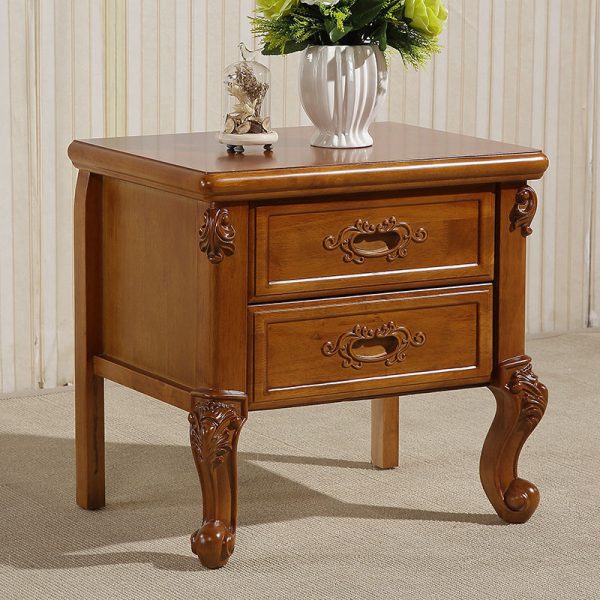 Traditional Vintage Rubber Wood & Metal Carved Curved Square Nightstand With 2 Drawers For Bedroom - Image 2