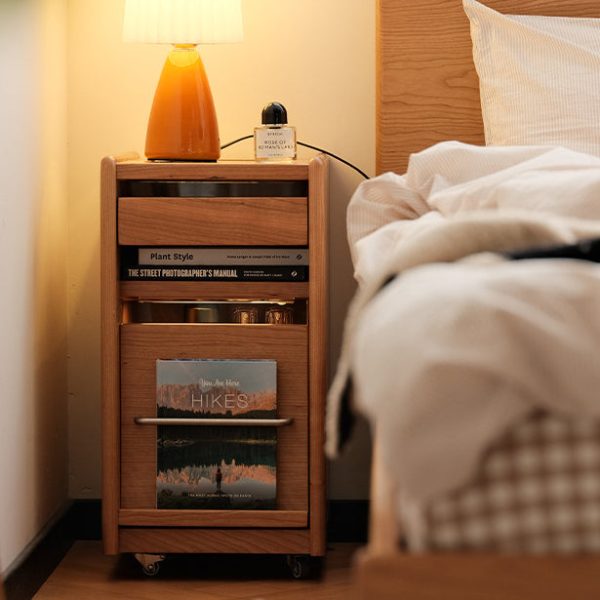 Traditional Japanese Cherry Wood & Stainless Steel Mobile Rectangular Nightstand 3-Tier For Bedroom - Image 10