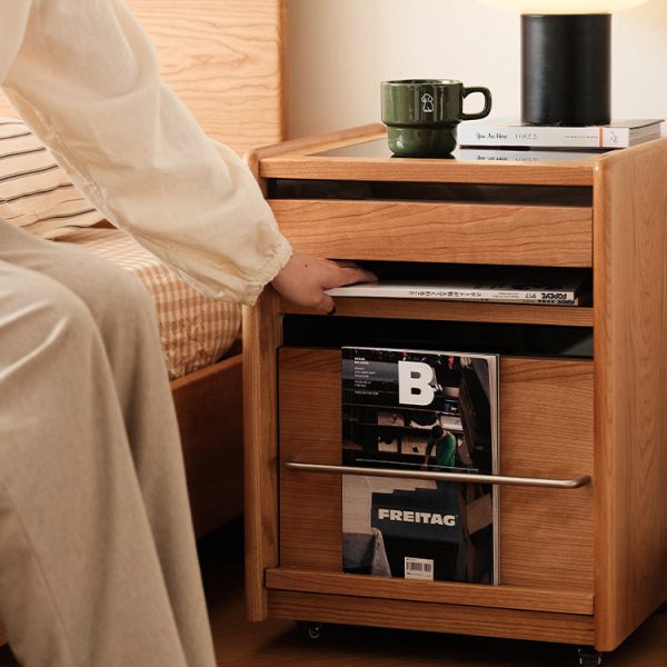 Traditional Japanese Cherry Wood & Stainless Steel Mobile Rectangular Nightstand 3-Tier For Bedroom - Image 17