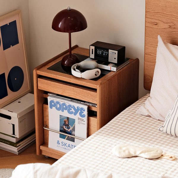 Traditional Japanese Cherry Wood & Stainless Steel Mobile Rectangular Nightstand 3-Tier For Bedroom - Image 3