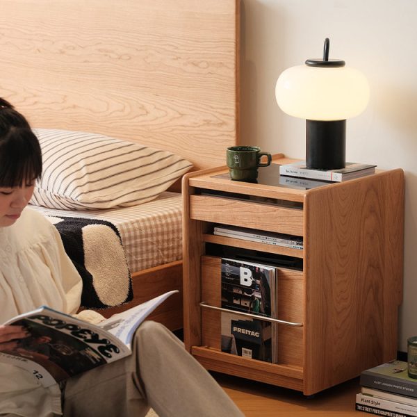 Traditional Japanese Cherry Wood & Stainless Steel Mobile Rectangular Nightstand 3-Tier For Bedroom - Image 20