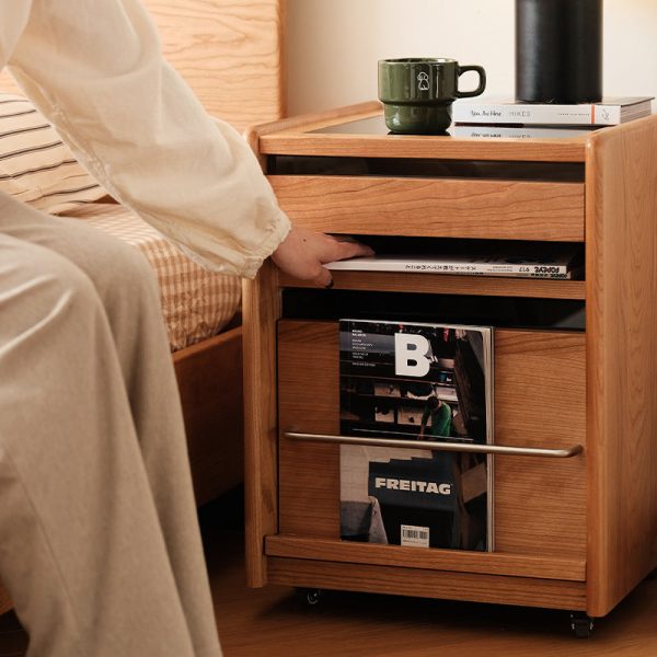 Traditional Japanese Cherry Wood & Stainless Steel Mobile Rectangular Nightstand 3-Tier For Bedroom - Image 2